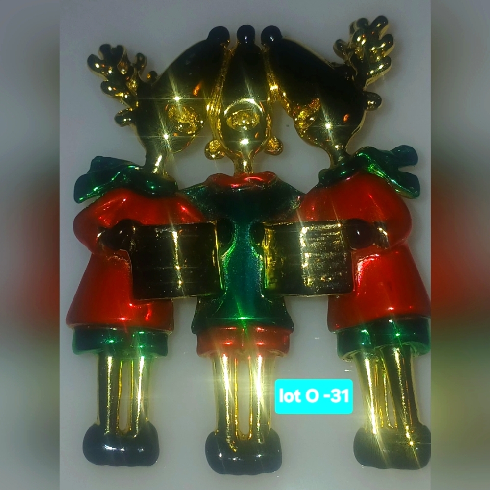 Festive Gold Toned and Red Carolers Brooch